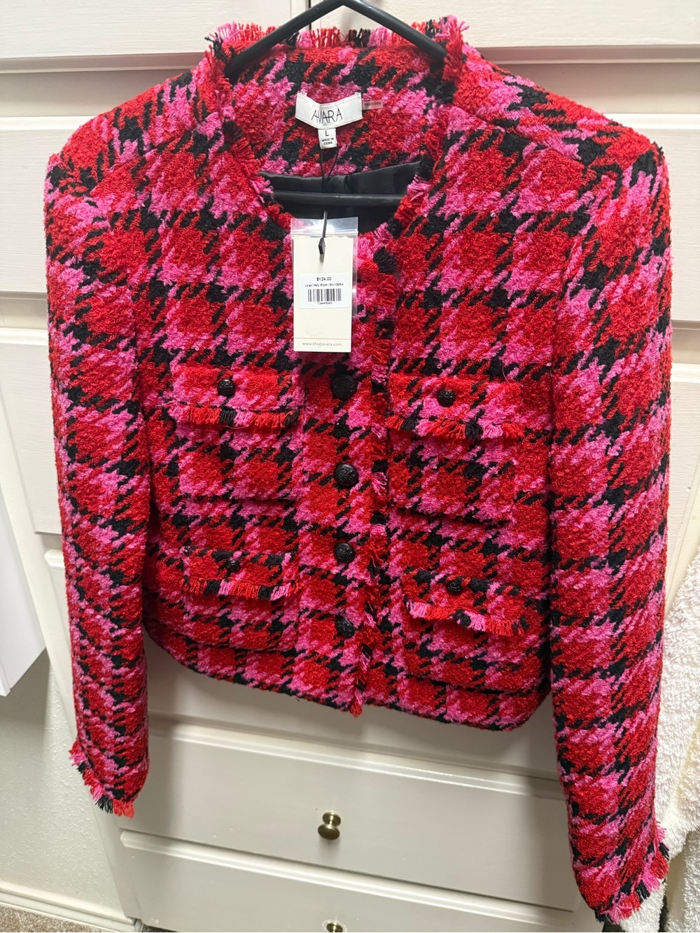Avara Pink & Red Houndstooth Tweed Cropped Blazer